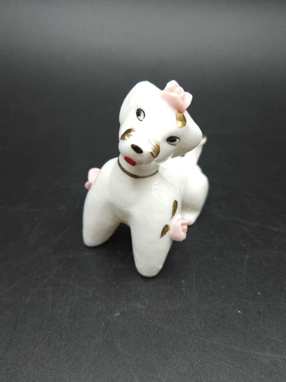 Vintage Ceramic Poodle Figurine with Pink Flowers 3" tall